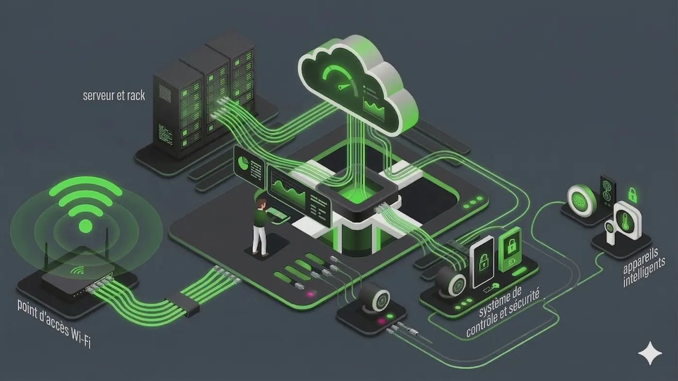 Commercial network infrastructure with organized rack and switching layout