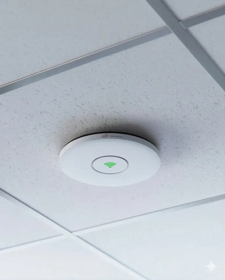 Commercial WiFi access point installed on ceiling